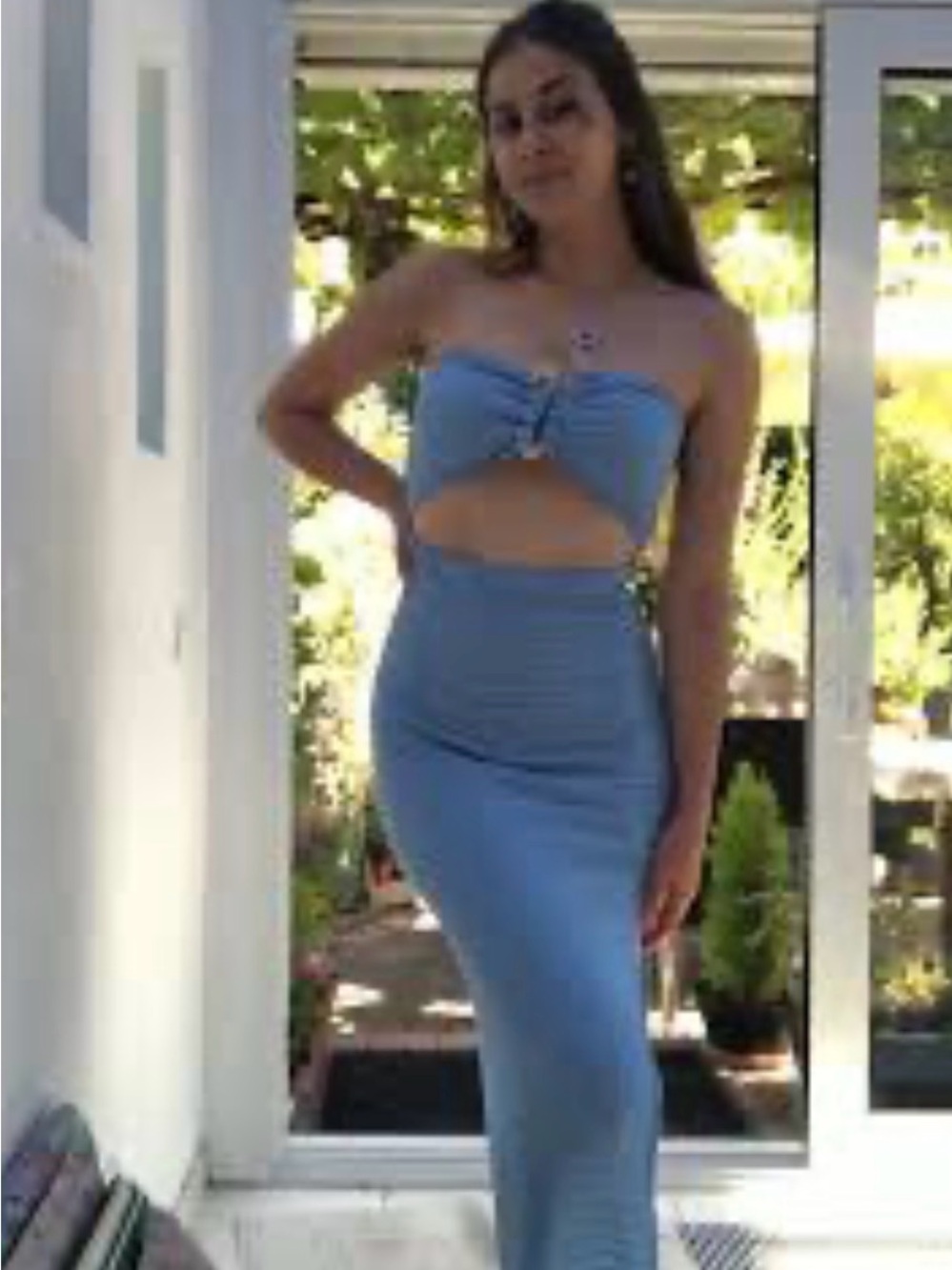 SHEIN Blue Cutout Waist Bodycon Dress Slim Fit Side Slit Ribbed Knit Stretchy M